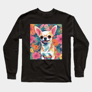 Charming Chihuahua, Vibrant Chihuahua in front of floral pattern Long Sleeve T-Shirt